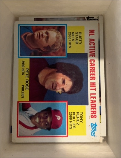 1984 Topps #702 NL Active Career Hit Leaders Pete Rose, Rusty Staub, Tony Perez — front