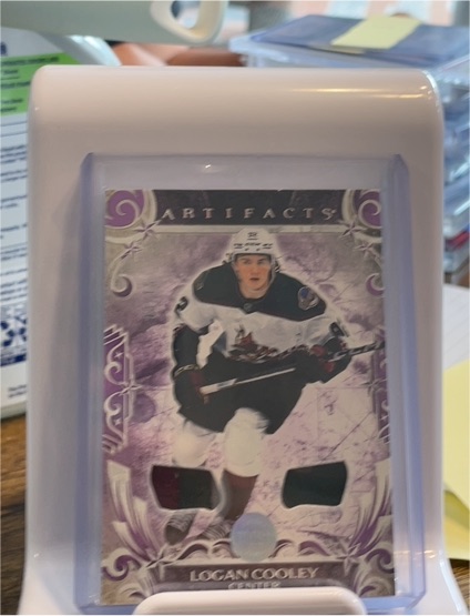 2024-25 Upper Deck Artifacts #121 Logan Cooley Purple Materials Dual Patch — front