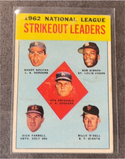 1963 Topps #9 National League Strikeout Leaders Sandy Koufax Bob Gibson Don Drysdale — front