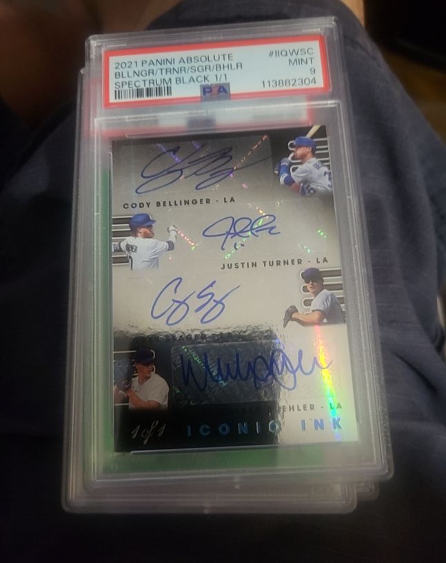 2021 Panini Absolute Iconic Ink #IIQWSC Cody Bellinger Justin Turner Jack Flaherty Walker Buehler — front