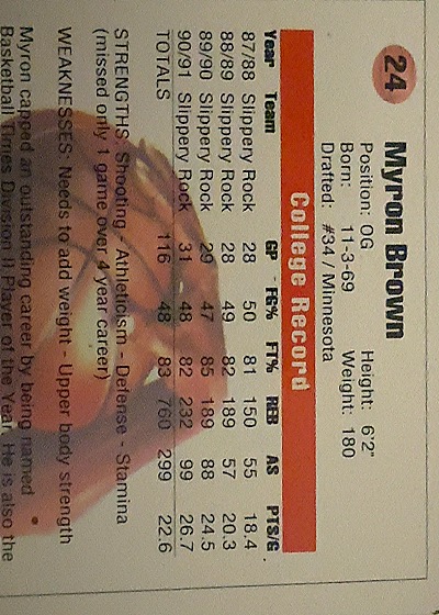 1991 Classic Draft Picks #24 Myron Brown — back