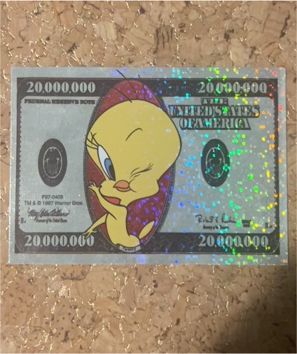 1997 Warner Bros Looney Tunes Tweety Bird Prism Dollar Sticker — front