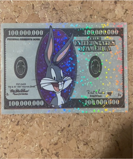 1997 Looney Tunes Prism Dollar Sticker Series $100 Million Bugs Bunny — front