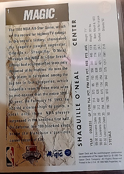 1993 Upper Deck #1 Shaquille O'Neal — back