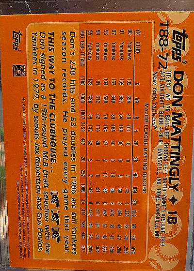1988 Topps #72 Don Mattingly — back