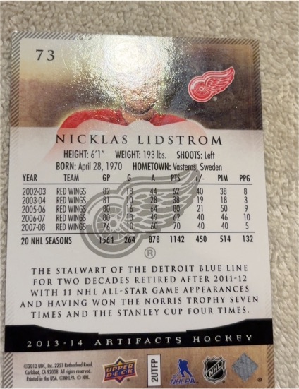 2013-14 Upper Deck Artifacts #73 Nicklas Lidstrom — front