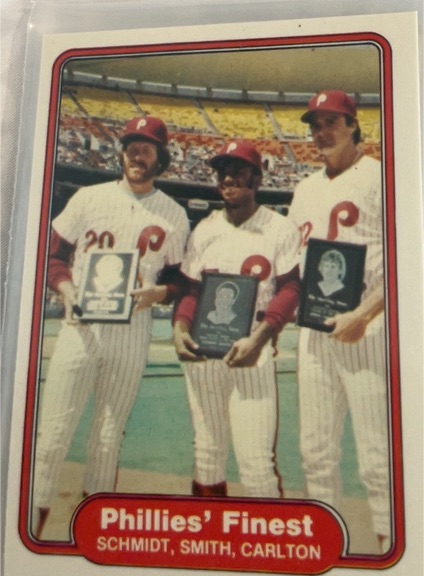 1982 Fleer #641 Phillies' Finest Mike Schmidt / Lonnie Smith / Steve Carlton — front
