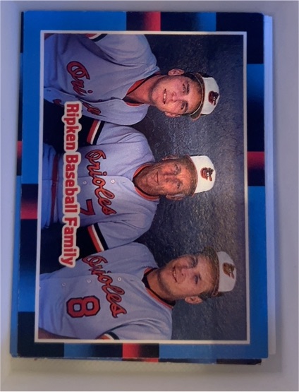 1988 Donruss #625 Ripken Baseball Family Billy Ripken, Cal Ripken Sr., Cal Ripken Jr. — front