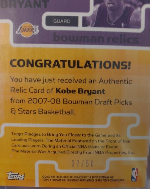 2007-08 Bowman Draft Picks & Stars Basketball Kobe Bryant Bowman Relics — front
