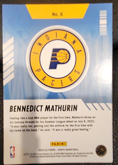 2022-23 Panini NBA Hoops Arriving Now #6 Bennedict Mathurin — back