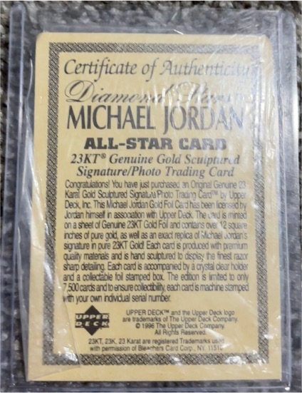 1995 Upper Deck Michael Jordan 23KT Genuine Gold Foil Sculptured Signature/Photo Trading Card — front