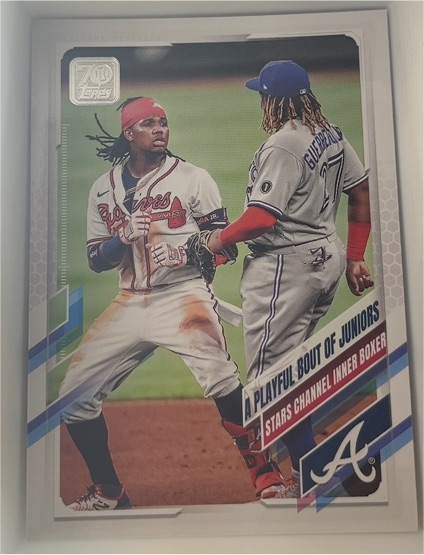 2021 Topps #61 A Playful Bout of Juniors Ronald Acuna Jr./Vladimir Guerrero Jr. — front