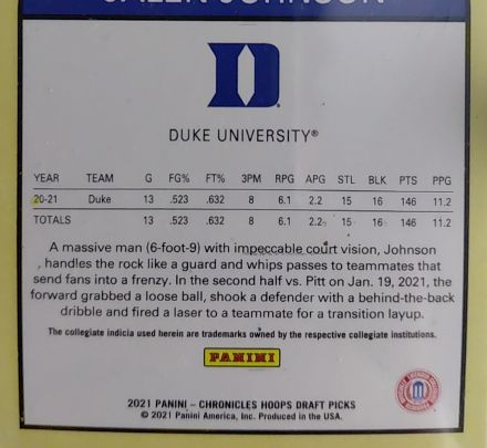 2021 Panini Chronicles Hoops Draft Picks Jalen Johnson — front
