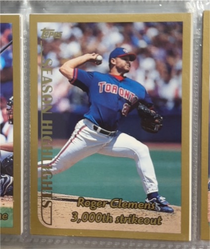1999 Topps #203 Roger Clemens Season Highlights 3,000th strikeout — front