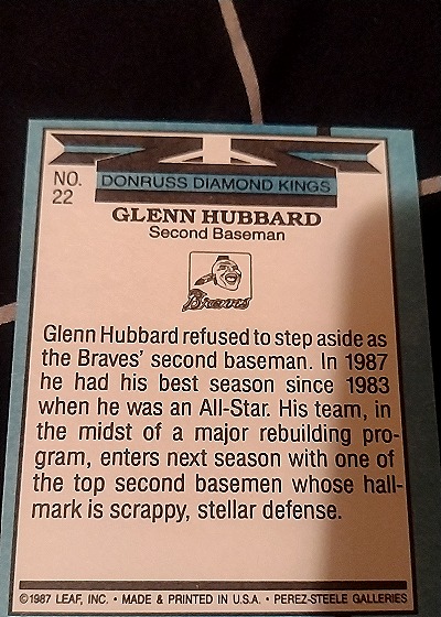 1987 Donruss Diamond Kings #22 Glenn Hubbard — back