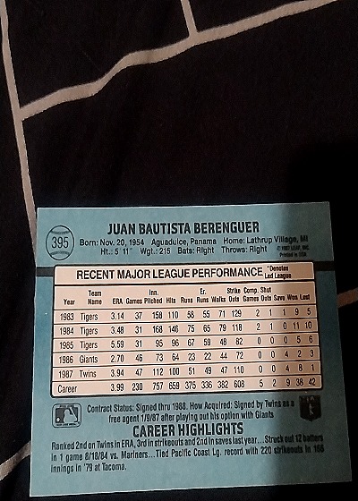 1988 Donruss #395 Juan Berenguer — back