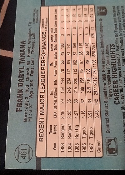 1988 Donruss #461 Frank Daryl Tanana — back