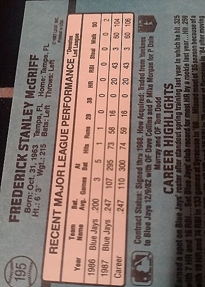 1988 Donruss #195 Fred McGriff — back
