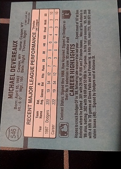 1988 Donruss #546 Mike Devereaux — back