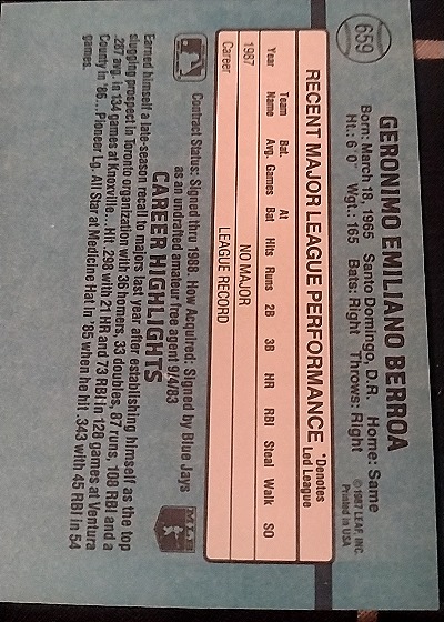 1988 Donruss #659 Geronimo Berroa — back