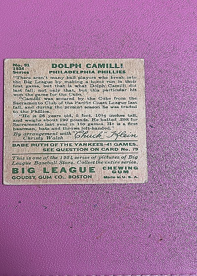 1934 Goudey #91 Dolph Camilli — back