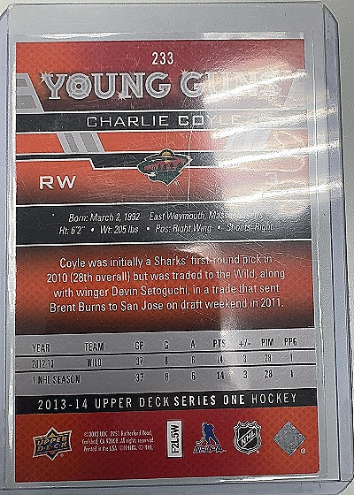 2013-14 Upper Deck Young Guns #233 Charlie Coyle — back