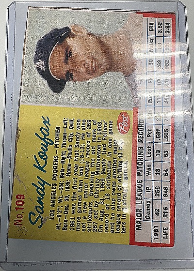 1962 Post Cereal #109 Sandy Koufax — front