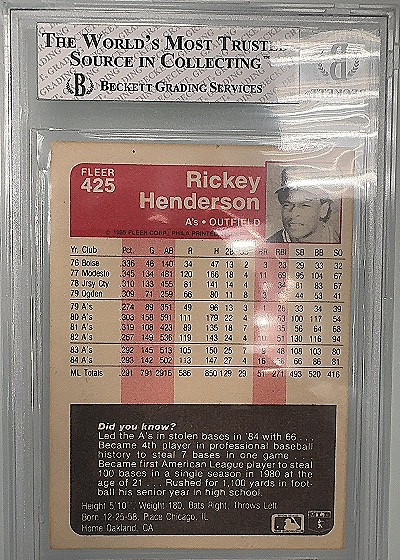 1985 Fleer #425 Rickey Henderson — back