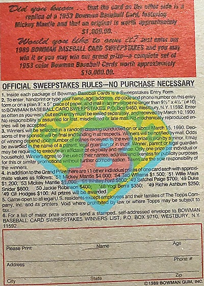 1989 Bowman #NNO Mickey Mantle Reprint Sweepstakes — back