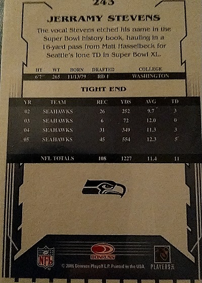 2006 Donruss Playoff #243 Jerramy Stevens — back