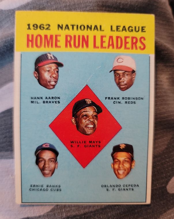1963 Topps #3 1962 National League Home Run Leaders Willie Mays Aaron Robinson Cepeda — front