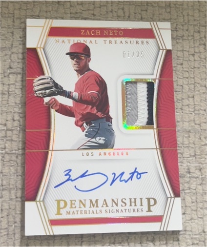 2023 Panini National Treasures #01/25 Zach Neto Penmanship Materials Signatures — front