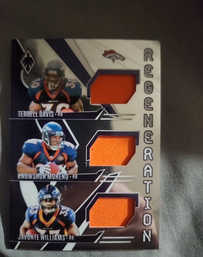 2024 Panini Phoenix Regeneration Terrell Davis/Knowshon Moreno/Javonte Williams Triple Jersey — front