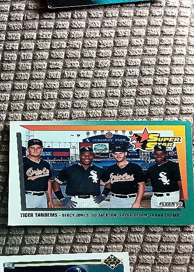 1992 Fleer #701 Super Star Tiger Tandems Stacy Jones, Bo Jackson, Gregg Olson, Frank Thomas — front