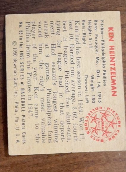 1950 Bowman #85 Ken Heintzelman — front