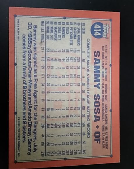 1991 Topps #414 Sammy Sosa — front