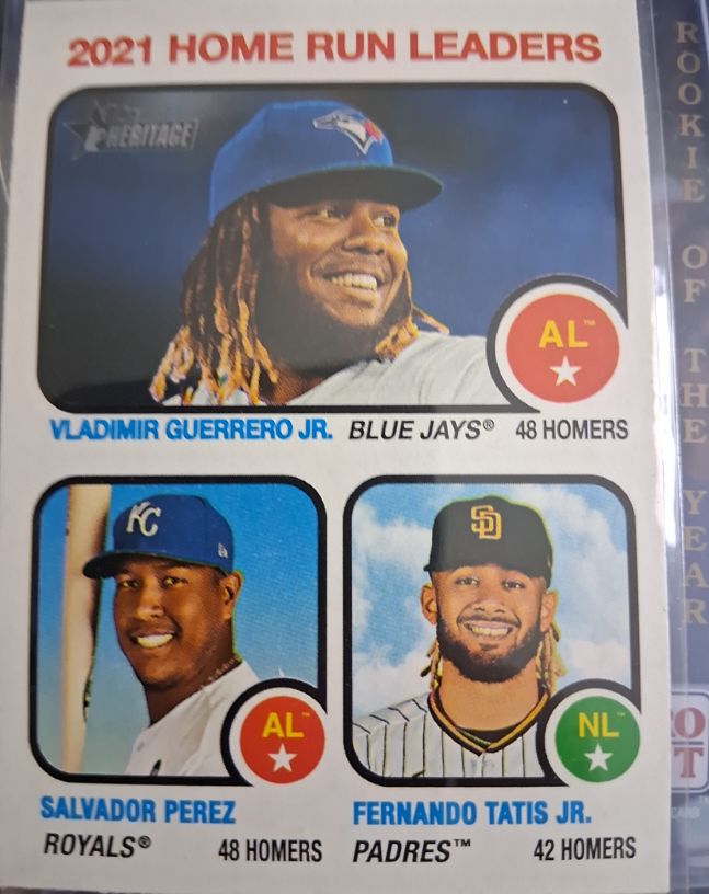 2022 Topps Heritage #68 2021 Home Run Leaders Vladimir Guerrero Jr./Salvador Perez/Fernando Tatis Jr. — front