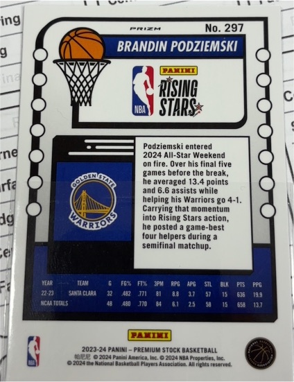 2023-24 Panini NBA Hoops Premium Stock Rising Stars Prizm #297 Brandin Podziemski — front