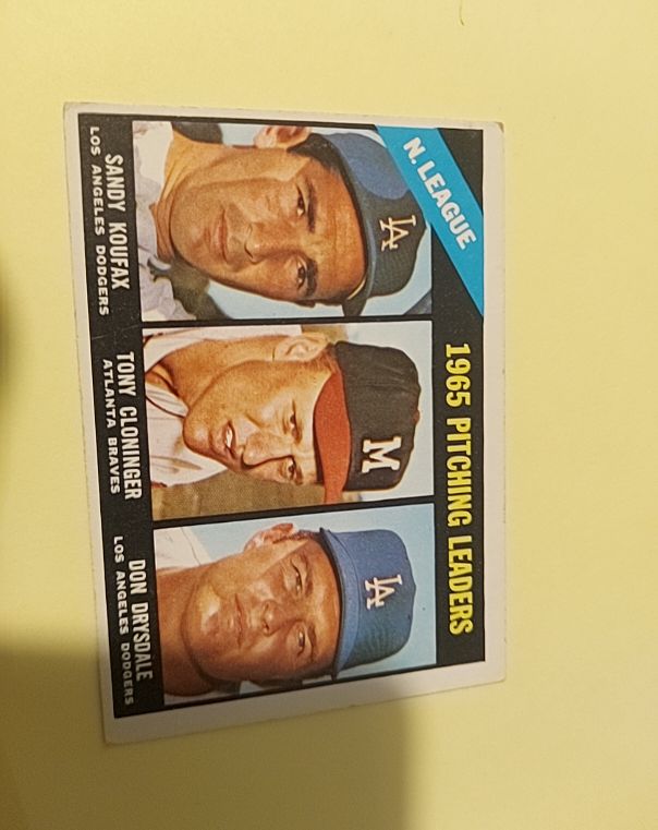 1966 Topps #223 NL 1965 Pitching Leaders Sandy Koufax / Tony Cloninger / Don Drysdale — front