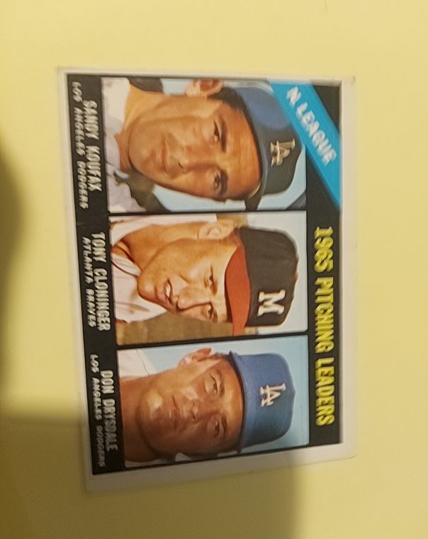 1966 Topps #223 NL 1965 Pitching Leaders Sandy Koufax/Tony Cloninger/Don Drysdale — front