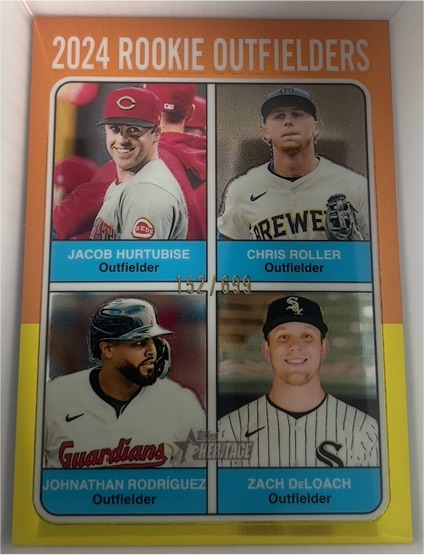 2024 Topps Heritage #622 Rookie Outfielders Jacob Hurtubise / Chris Roller / Johnathan Rodriguez / Zach DeLoach — front