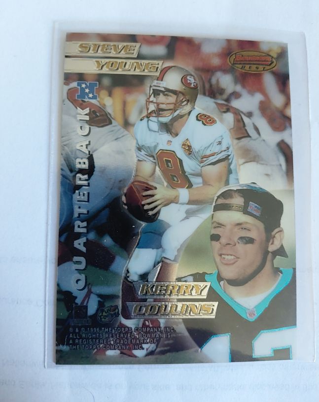 1996 Bowman's Best Mirror Images Refractor #1 Steve Young/Kerry Collins/Dan Marino/Mark Brunell — front