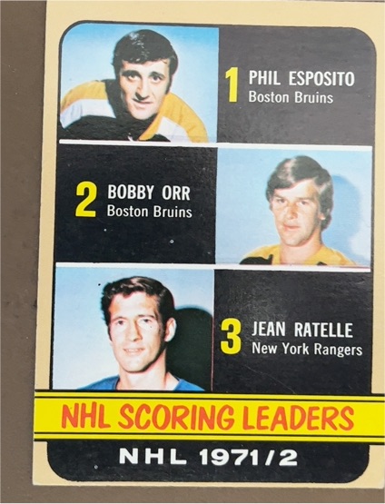 1972-73 Topps #63 NHL Scoring Leaders Phil Esposito Bobby Orr Jean Ratelle — front