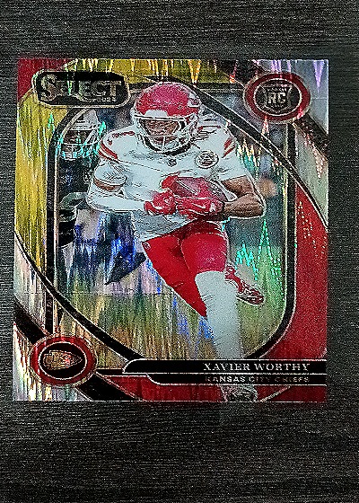 2024 Panini Select #224 Xavier Worthy Red & Yellow Shock Prizm Rookie RC Chiefs — front