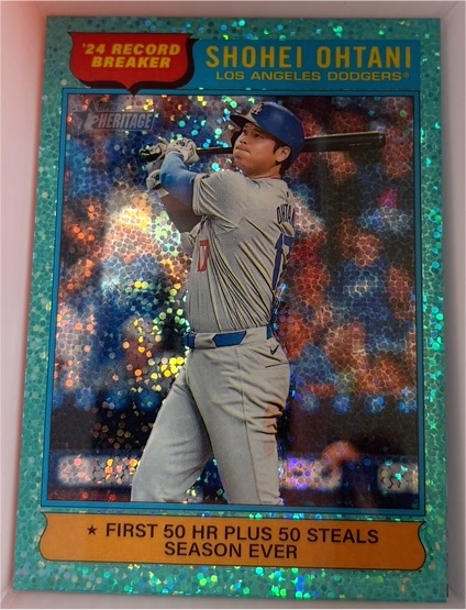 2025 Topps Heritage #1 Shohei Ohtani '24 Record Breaker Light Blue Sparkle — front