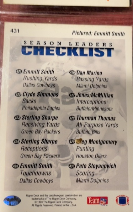 1993 Upper Deck #431 Emmitt Smith Checklist — front