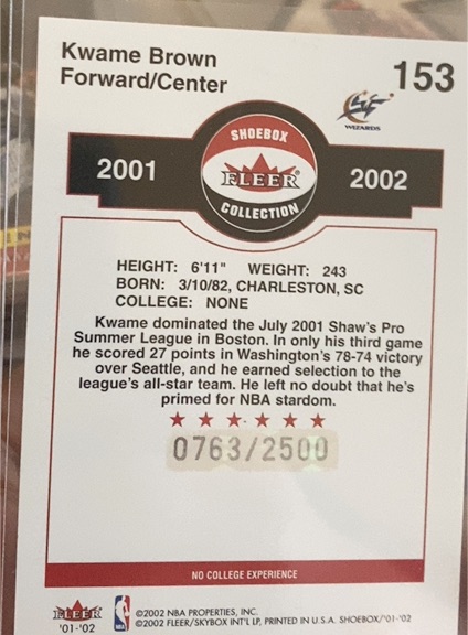 2001-02 Fleer Shoebox Collection #153 Kwame Brown Rookie RC — front