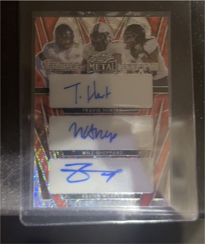 2024 Leaf Metal Triple Auto #2/5 Travis Hunter Will Sheppard Xavier Weaver — front