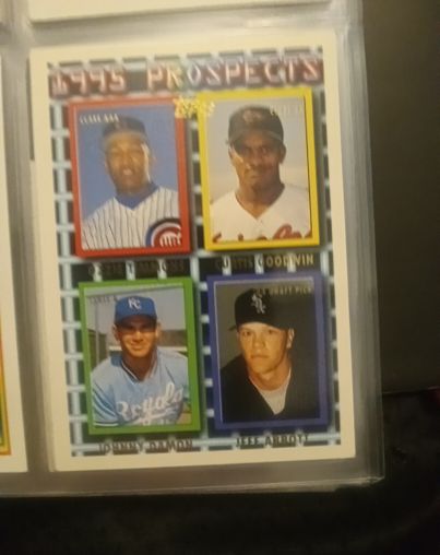 1995 Topps Prospects #599 Ozzie Timmons / Curtis Goodwin / Johnny Damon / Jeff Abbott — front