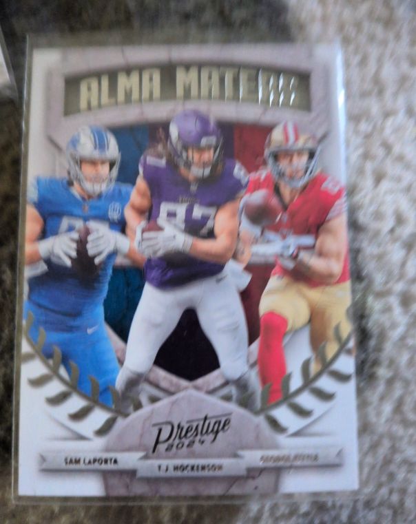 2024 Panini Prestige Alma Maters #9 Sam LaPorta, T.J. Hockenson, George Kittle — front